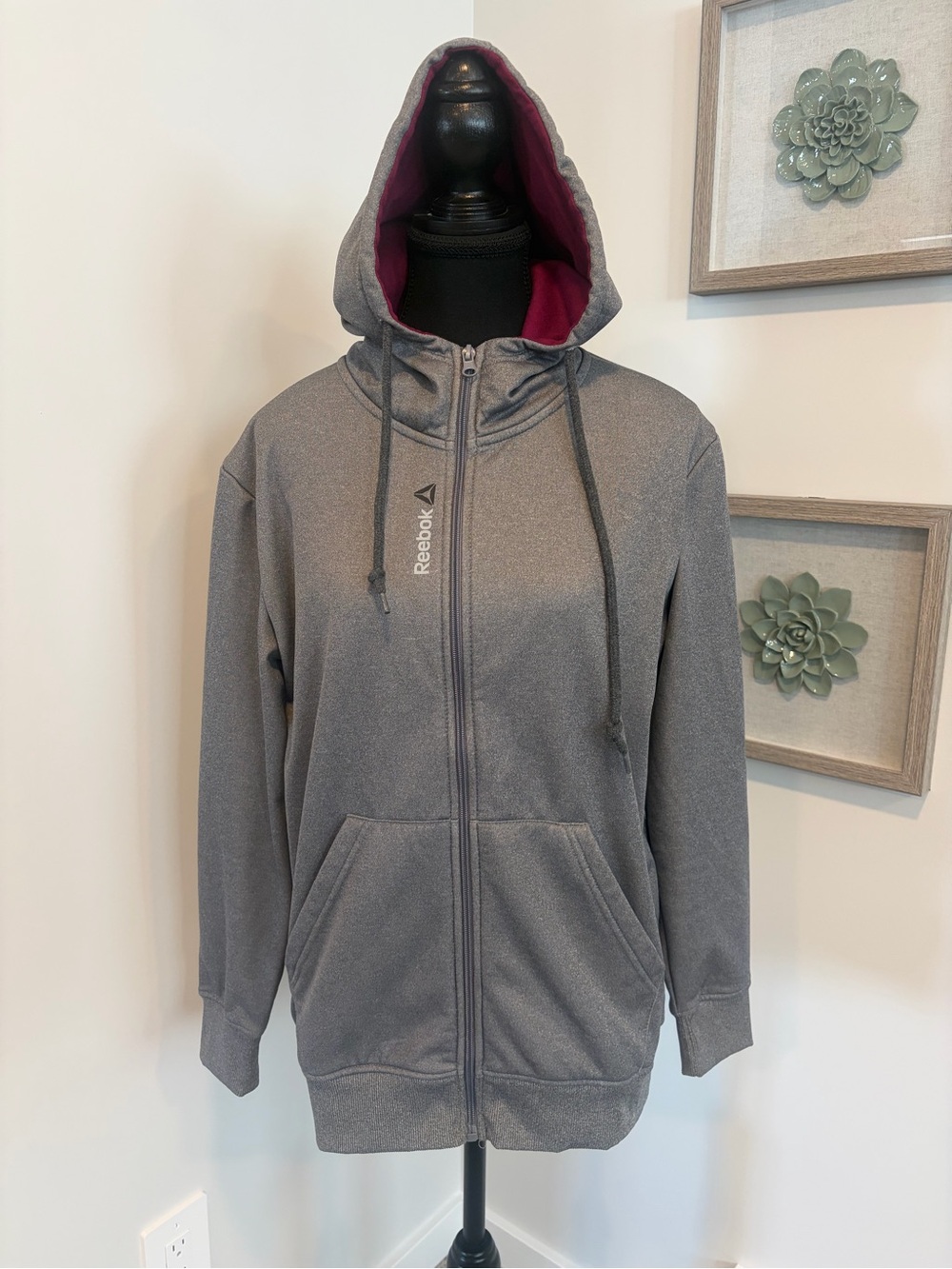 Never Worn! Reebok Grey Zip Hoodie  With Raspberry Hood Lining